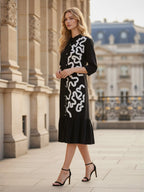 Black Embroidered A-Line Midi Dress
