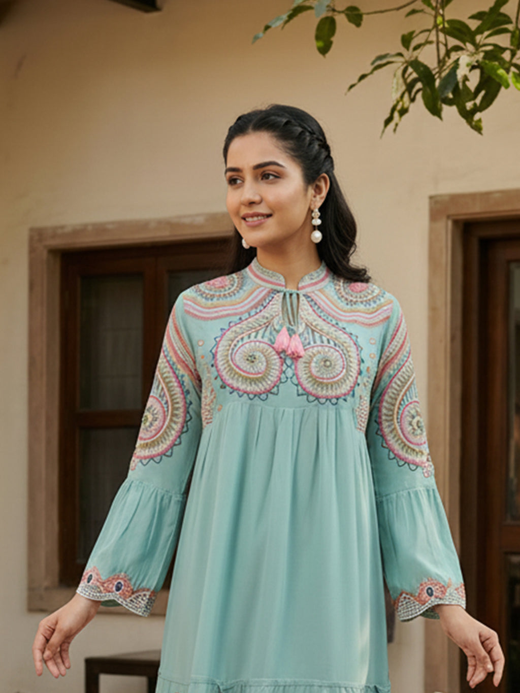 Zummer Sea Green Embroidered Midi Dress