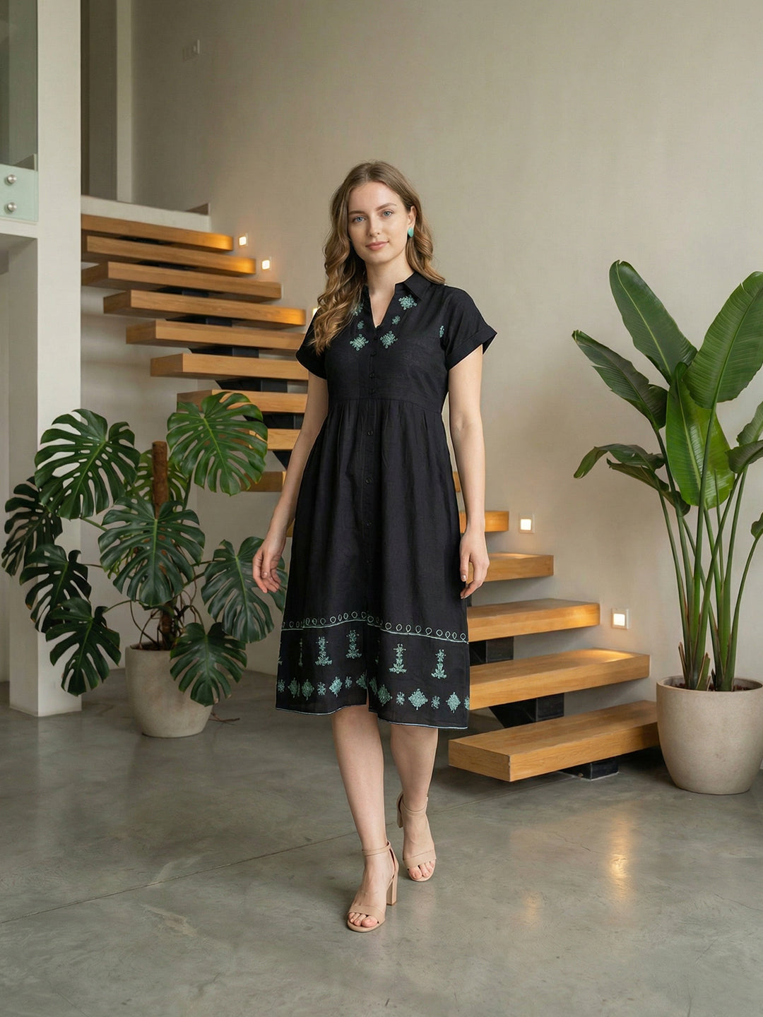 Zummer Embroidered Cotton Midi Dress with Shirt Collar – Black, Charcoal & Sea Green