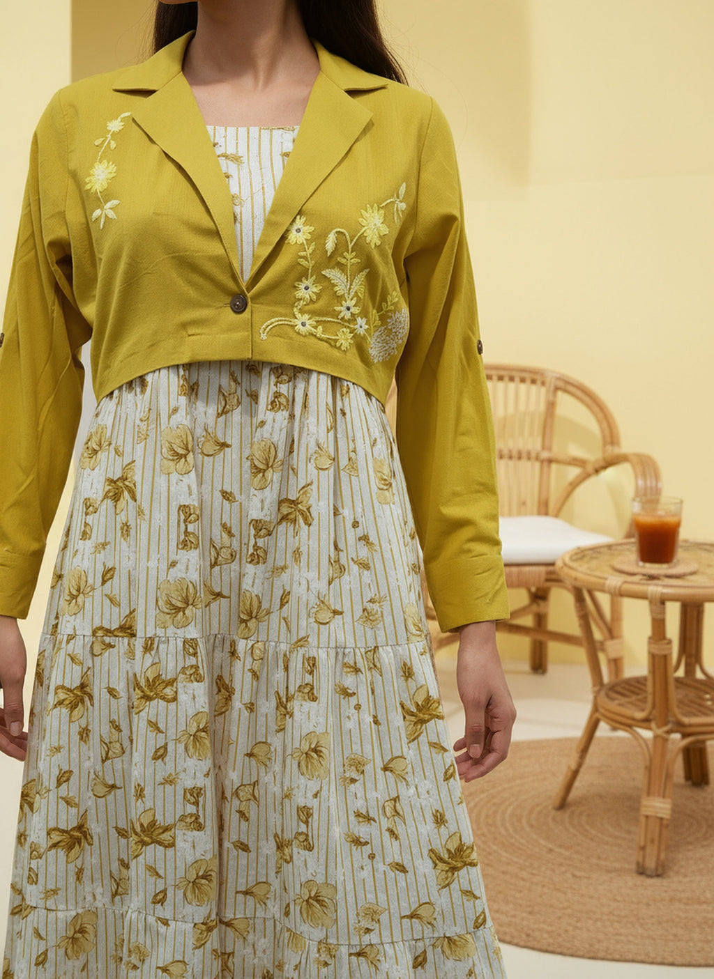 Cotton Yellow Printed Fit And Flare Midi Dress with Embroidered Jacket