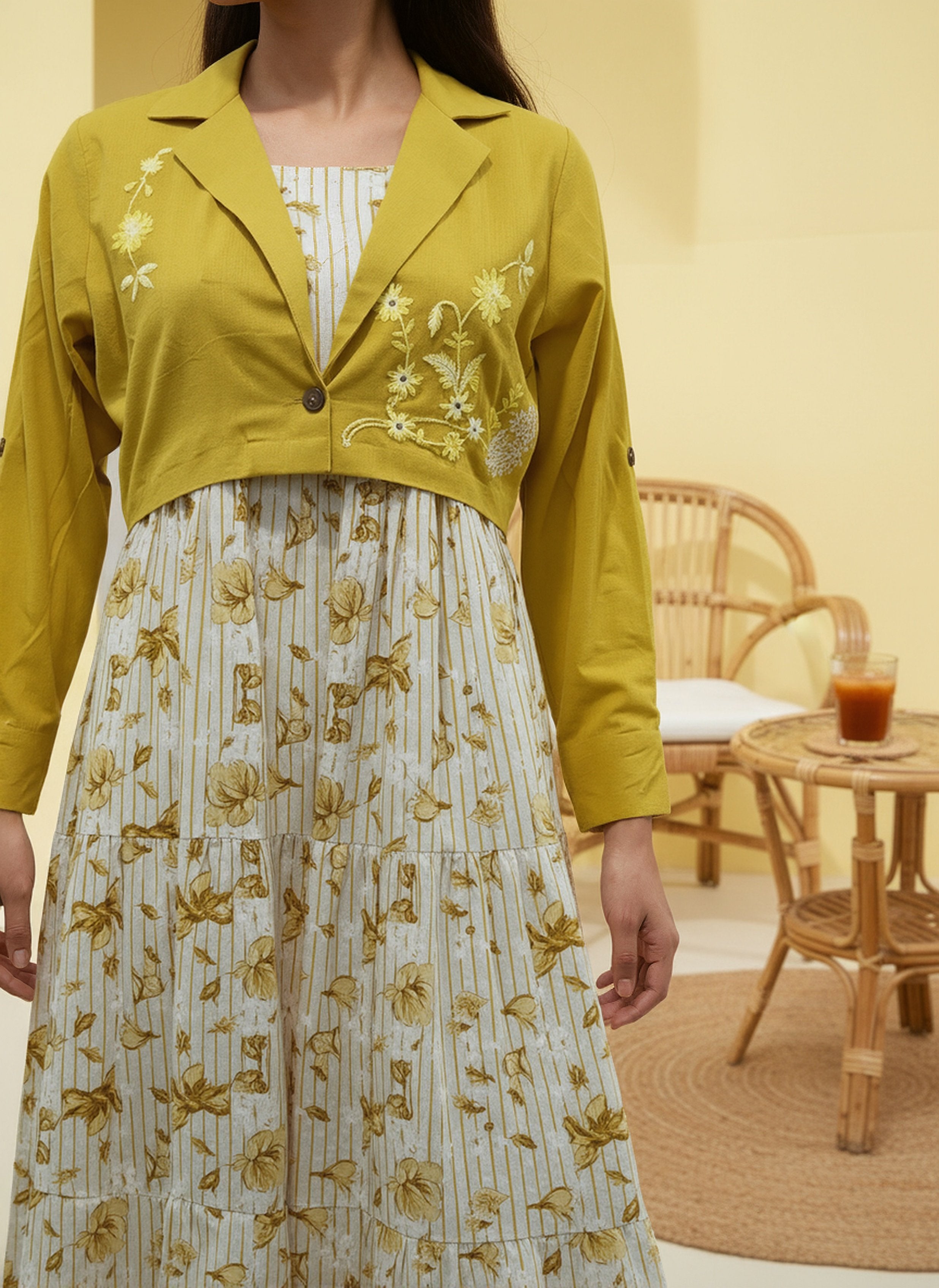 Cotton Yellow Printed Fit And Flare Midi Dress with Embroidered Jacket