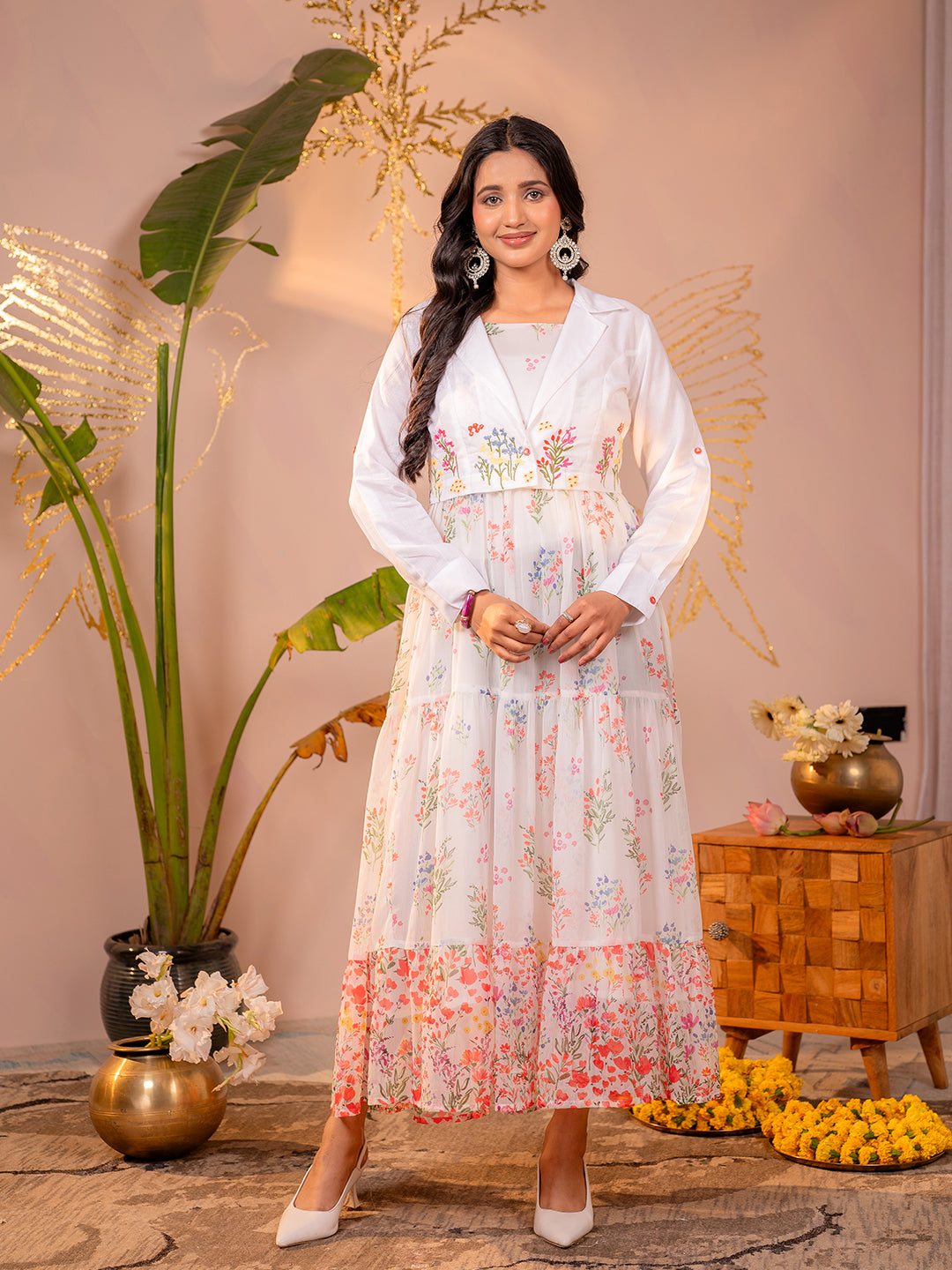 Zummer White Floral Maxi Dress with Jacket