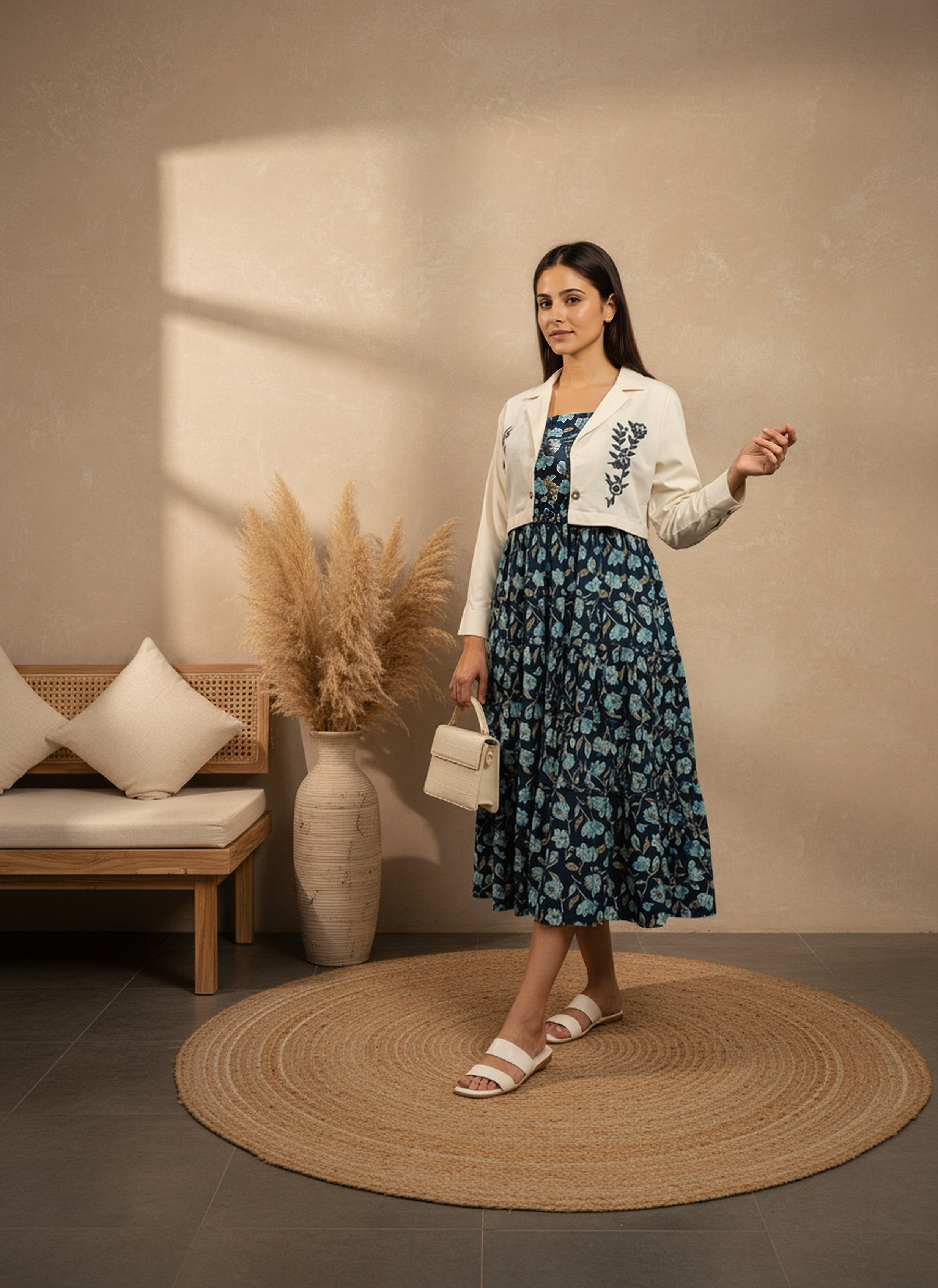 Cotton Navy Blue Printed Fit And Flare Midi Dress with Embroidered Jacket