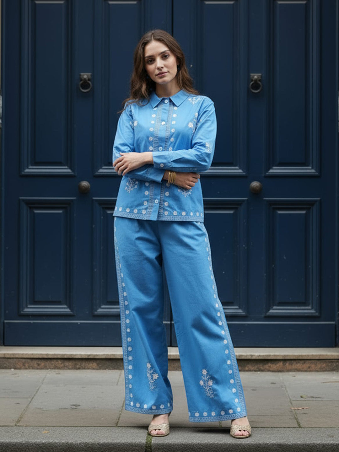 Cotton Embroidered Shirt With Palazzos Co-Ords Set