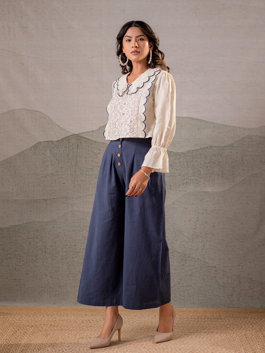 Zummer Off-White & Blue Cotton Co-Ord Set