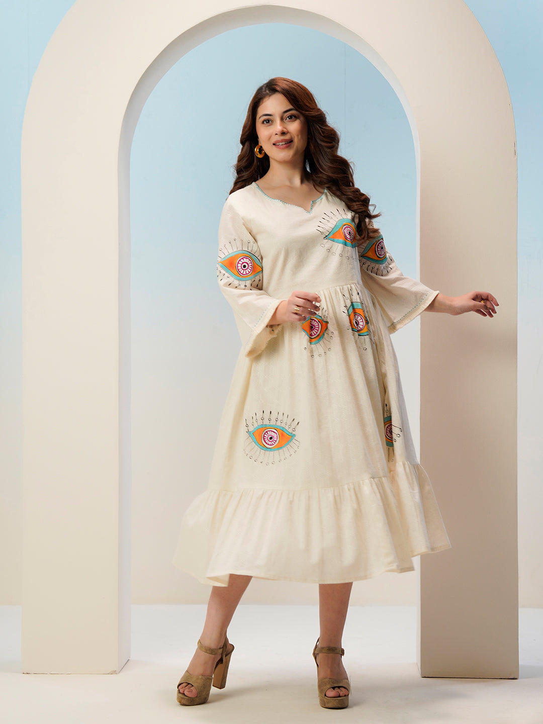 Zummer Hand-Painted Cotton Midi Dress with Ruffles & Bell Sleeves