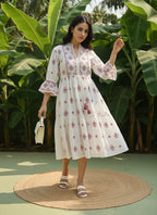 Cotton Floral Embroidered  Puff Sleeve Dress