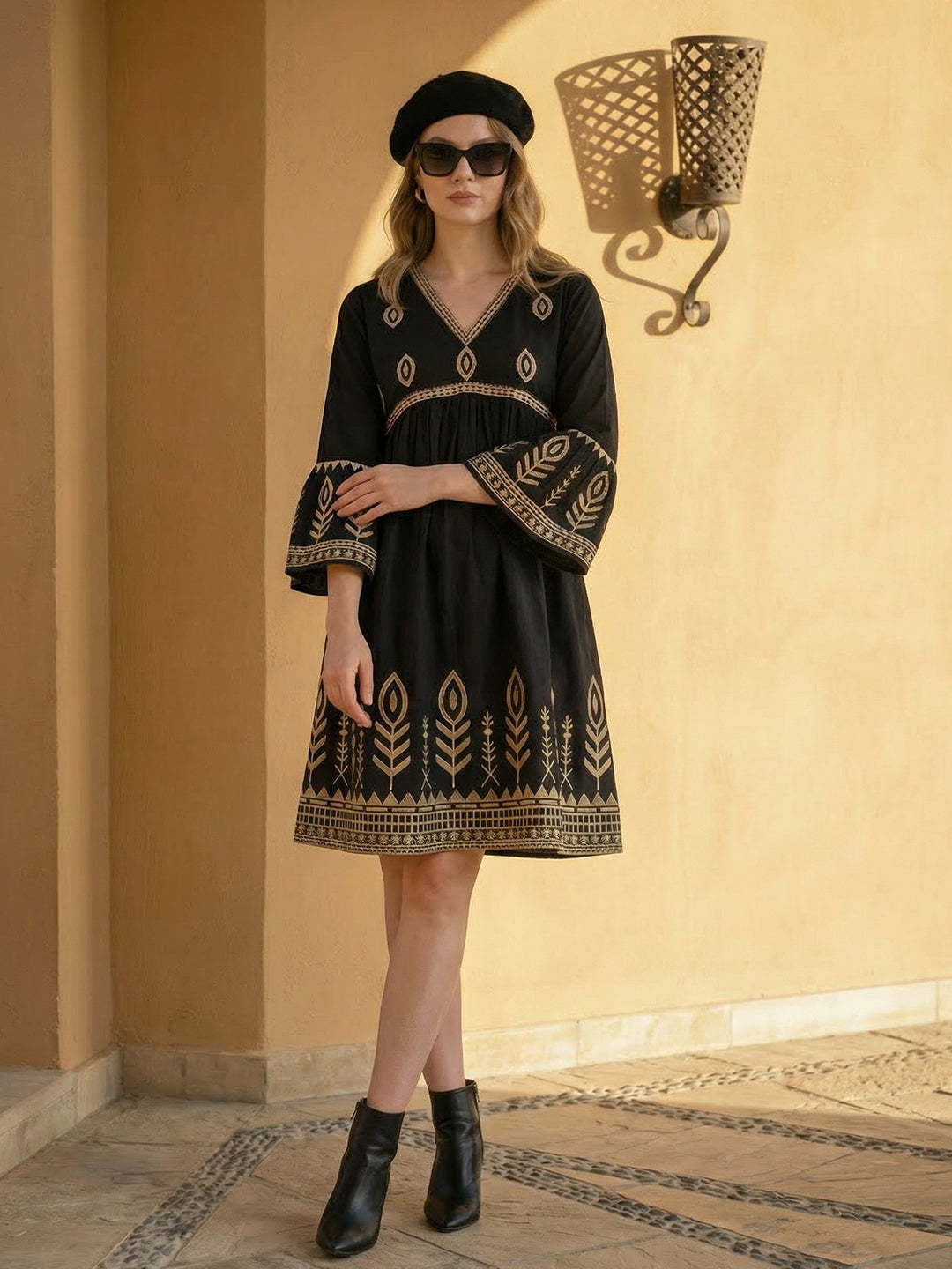 Zummer Embroidered Cotton Knee-Length Dress with Bell Sleeves – Black, Charcoal & Beige