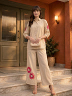 Zummer Women Beige Embellished Cotton Co-Ord Set