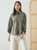 Cotton Olive Floral Embroidered Shirt
