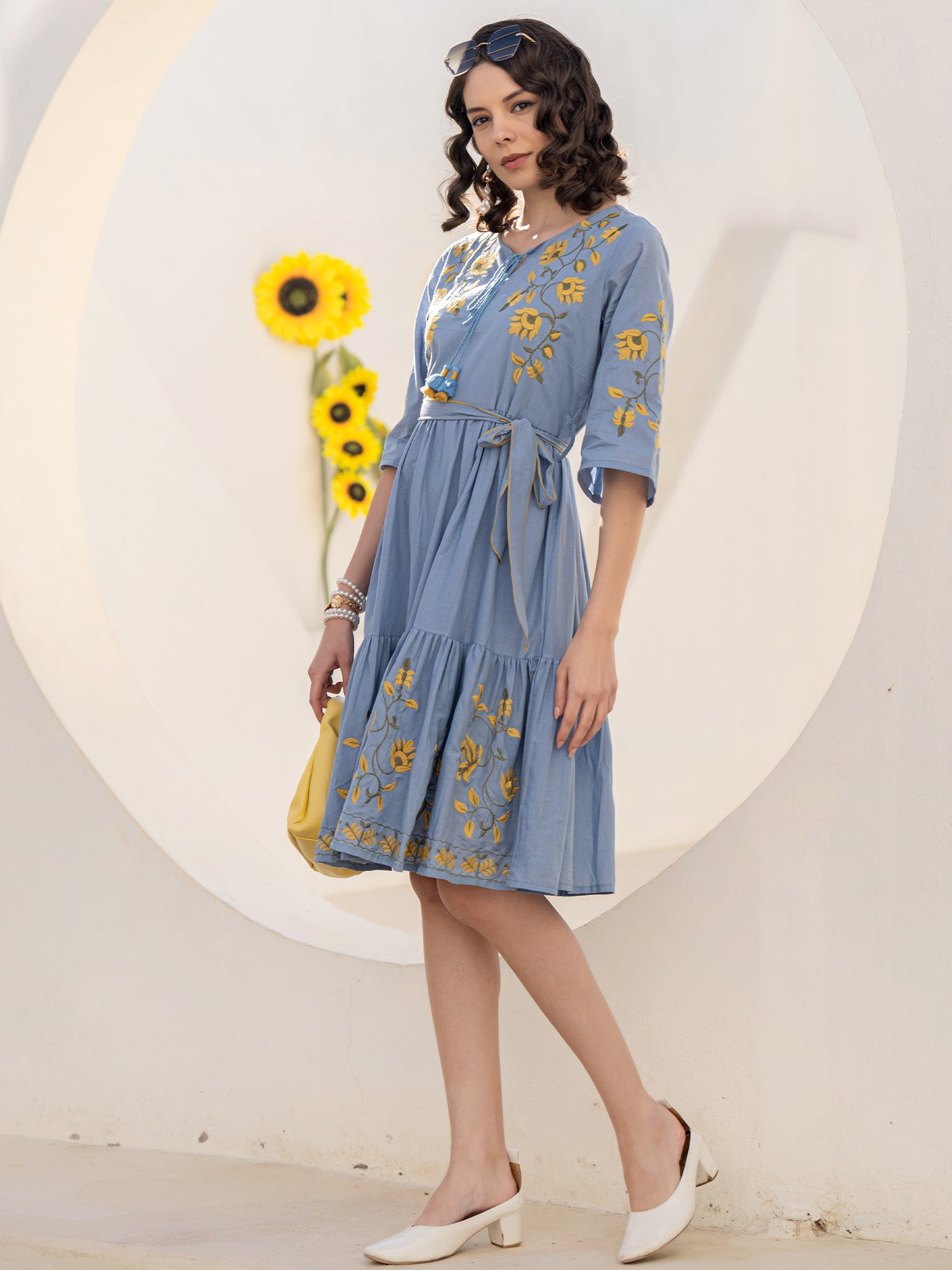 Cotton Floral Embroidered Fit And Flare Dress