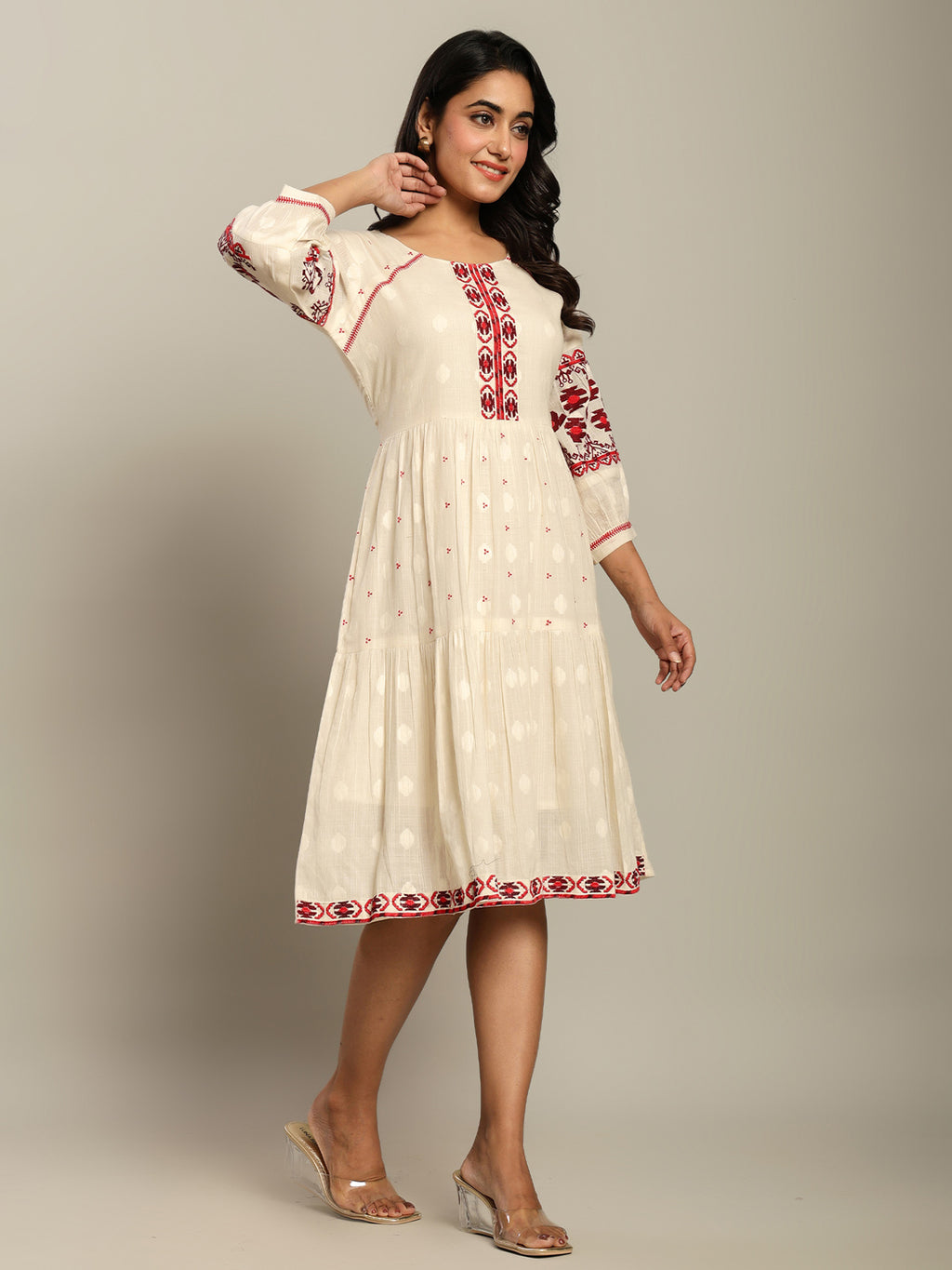 Cotton Off White Tribal Embroidered Midi Dress