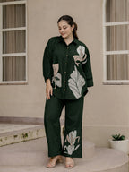 Zummer Hand-Painted Cotton Co-Ord Set with Shirt & Trousers – Olive, Grey & Beige