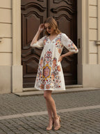 Off White Cotton Embroidered Empire Short Dress with Puff Sleeves