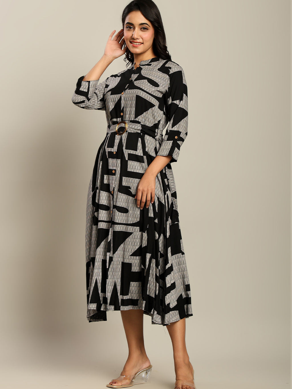Rayon Printed Fit And Flare Midi Dress