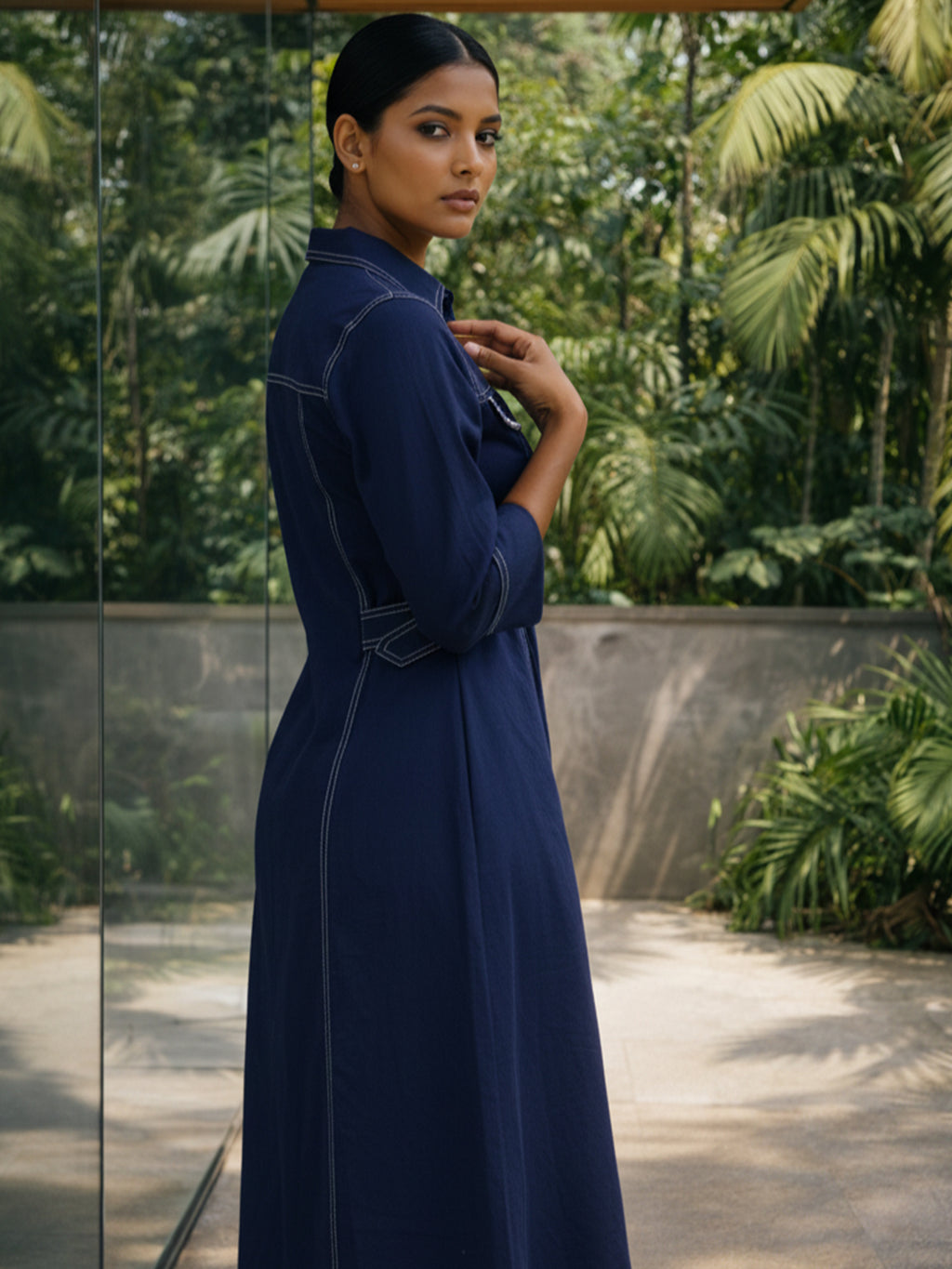 Zummer Women Navy Blue Embellished Cotton A-Line Midi Dress