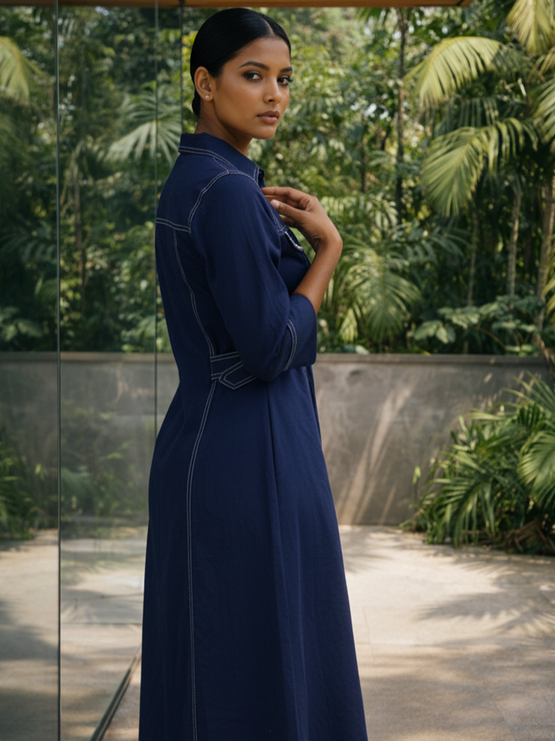 Zummer Women Navy Blue Embellished Cotton A-Line Midi Dress