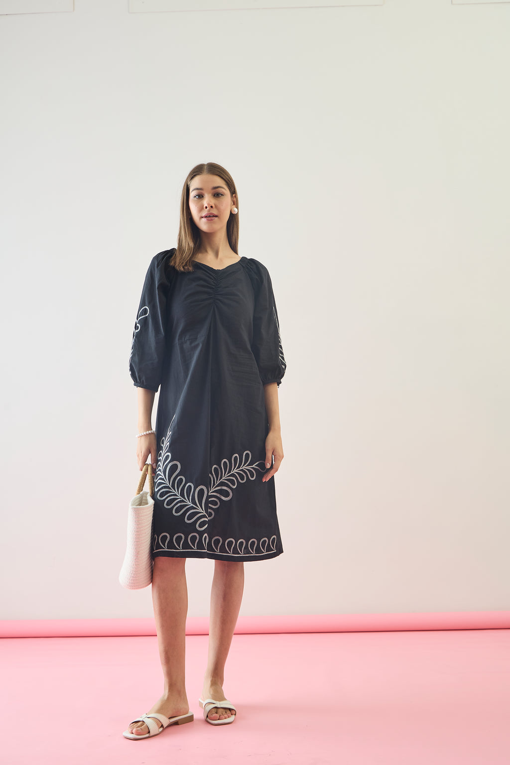 Cotton Black Embroidered  Puff Sleeve Midi Dress