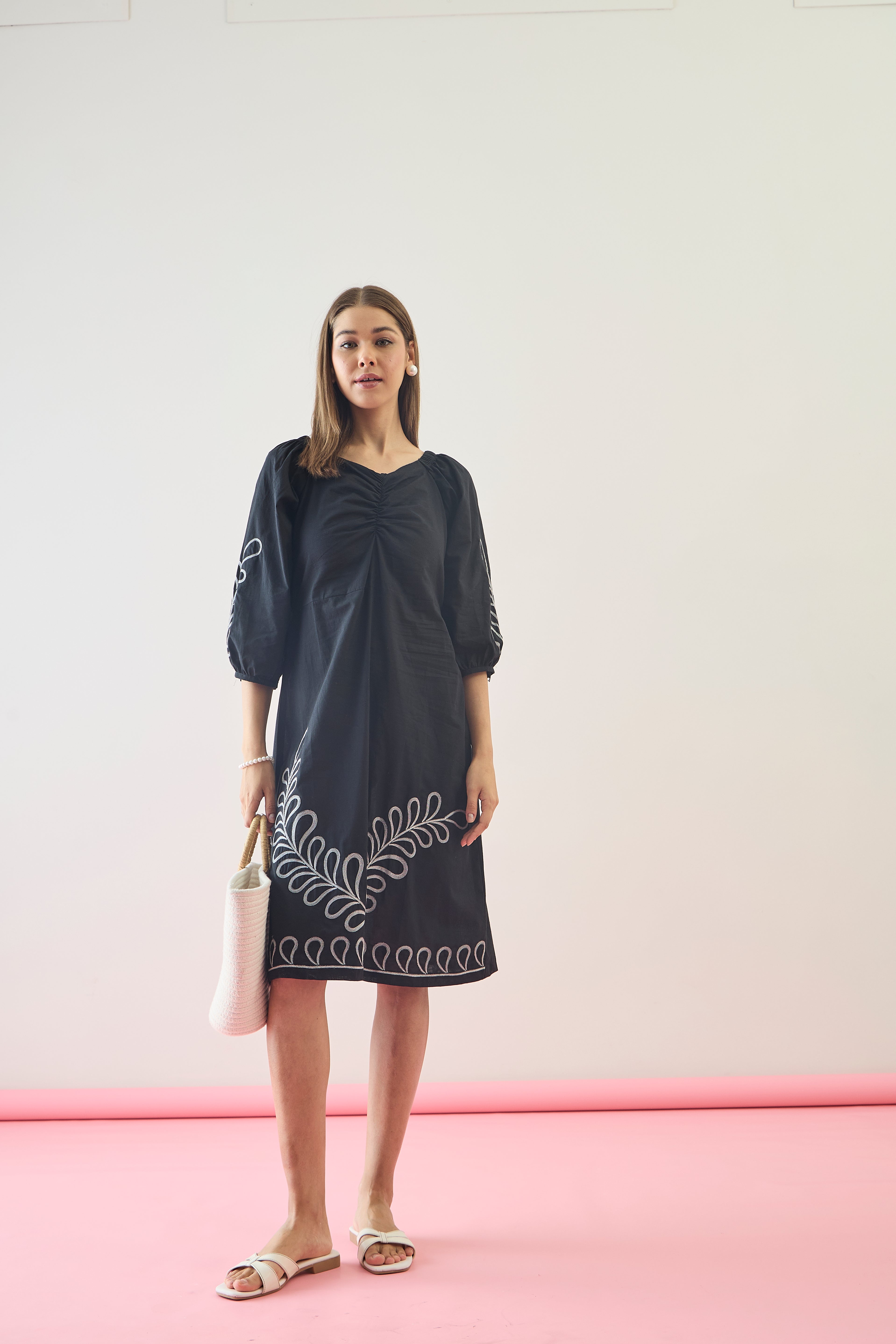 Cotton Black Embroidered  Puff Sleeve Midi Dress