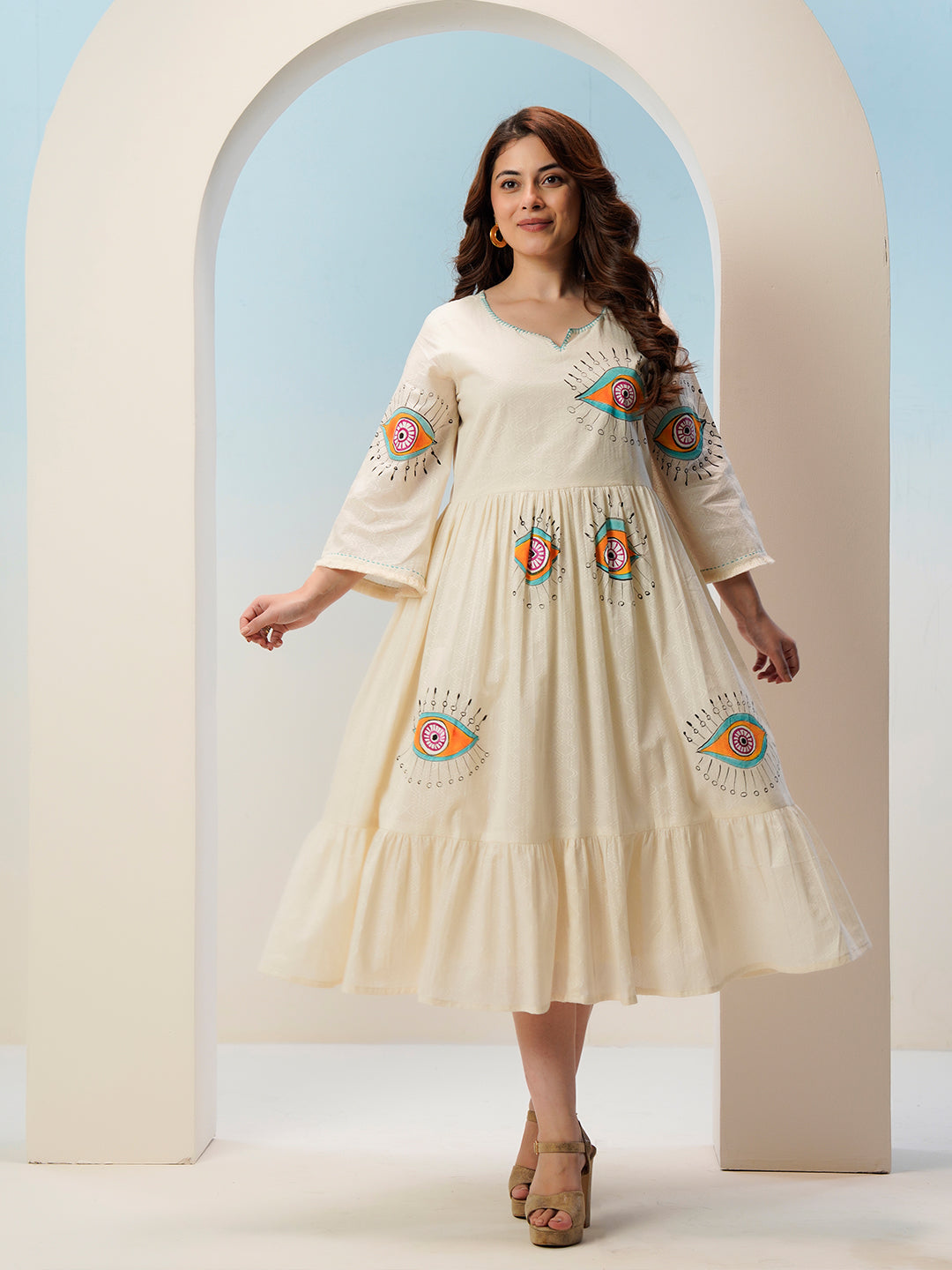 Zummer Hand-Painted Cotton Midi Dress with Ruffles & Bell Sleeves