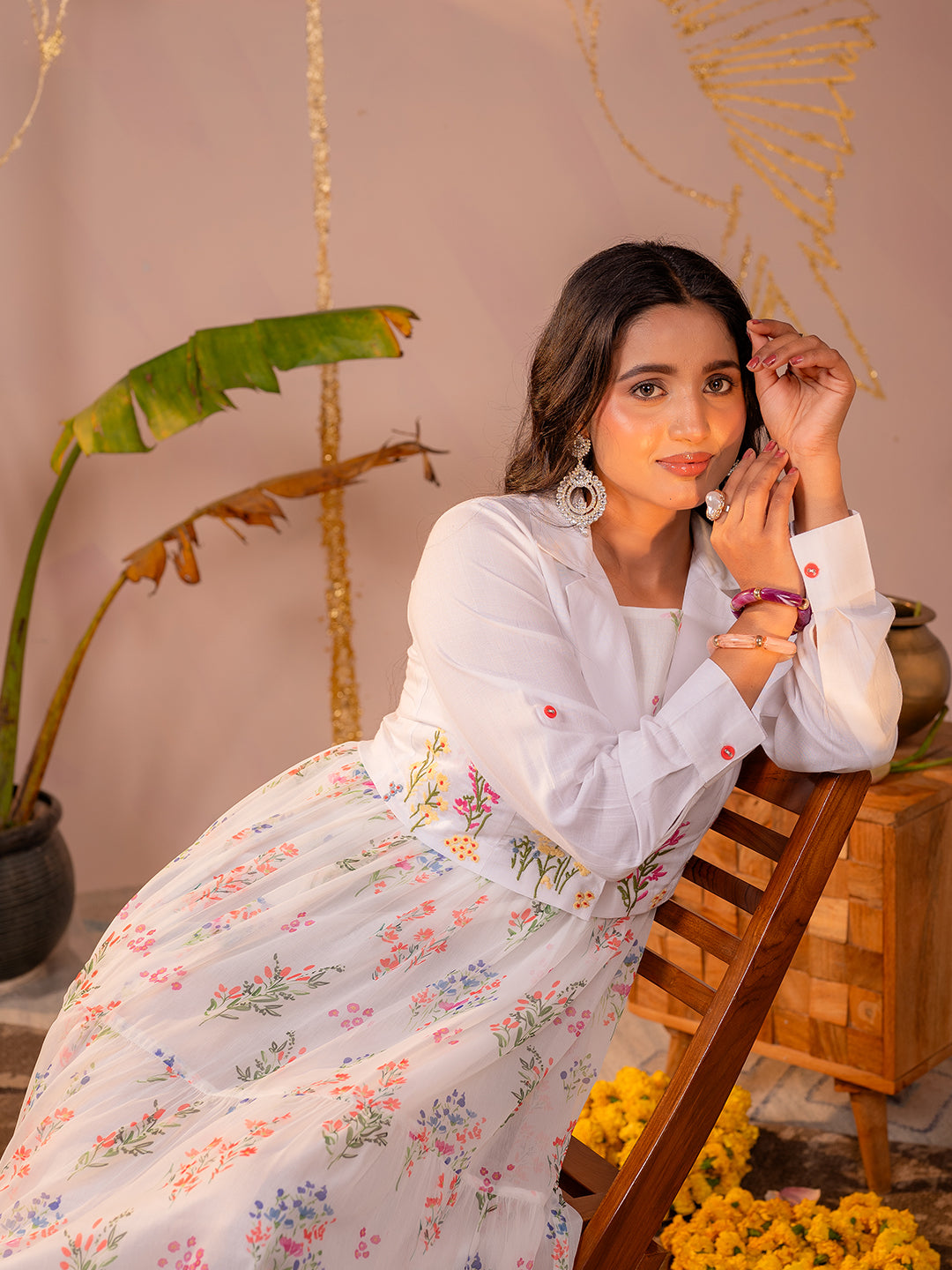 Zummer White Floral Maxi Dress with Jacket