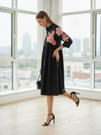 Zummer Rayon Black floral embroidered Shirt Collar Midi dress