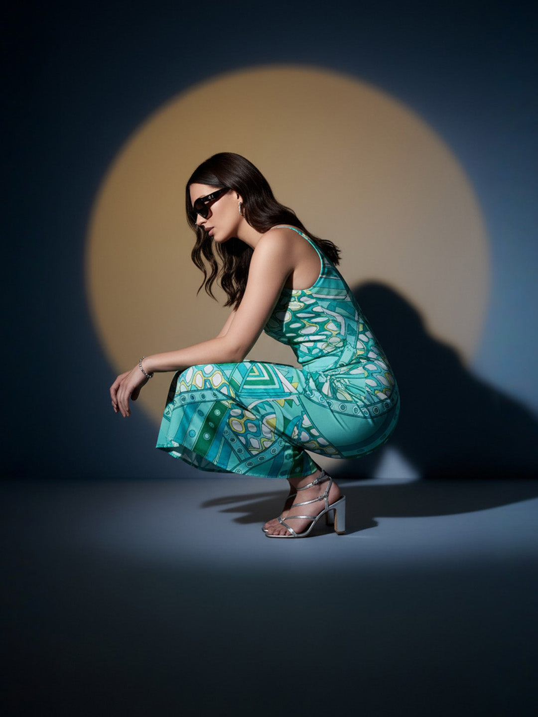 Blue Asbstract Satin Strappy Maxi Dress