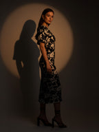 Black Leaves Printed Front Twisted Midi Dress