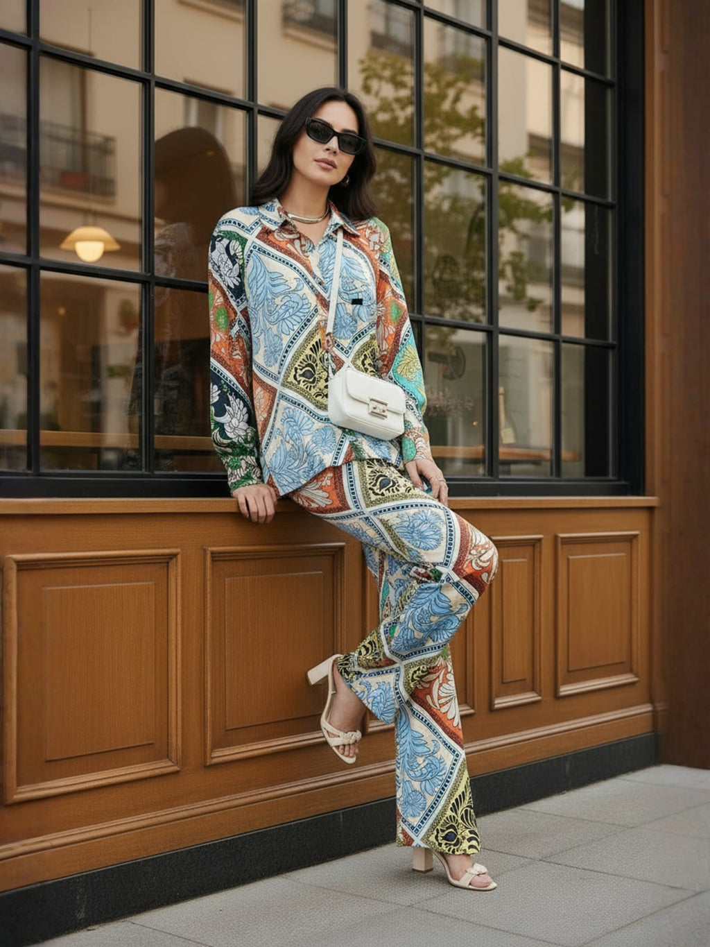 Multi Floral Satin Shirt With Darted Pants