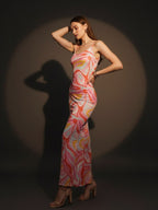 Pink Asbstract Satin Strappy Maxi Dress