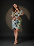 Satin Multi Floral Wrap Short Dress