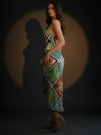 Multi Floral Satin Halter Neck Midi Dress