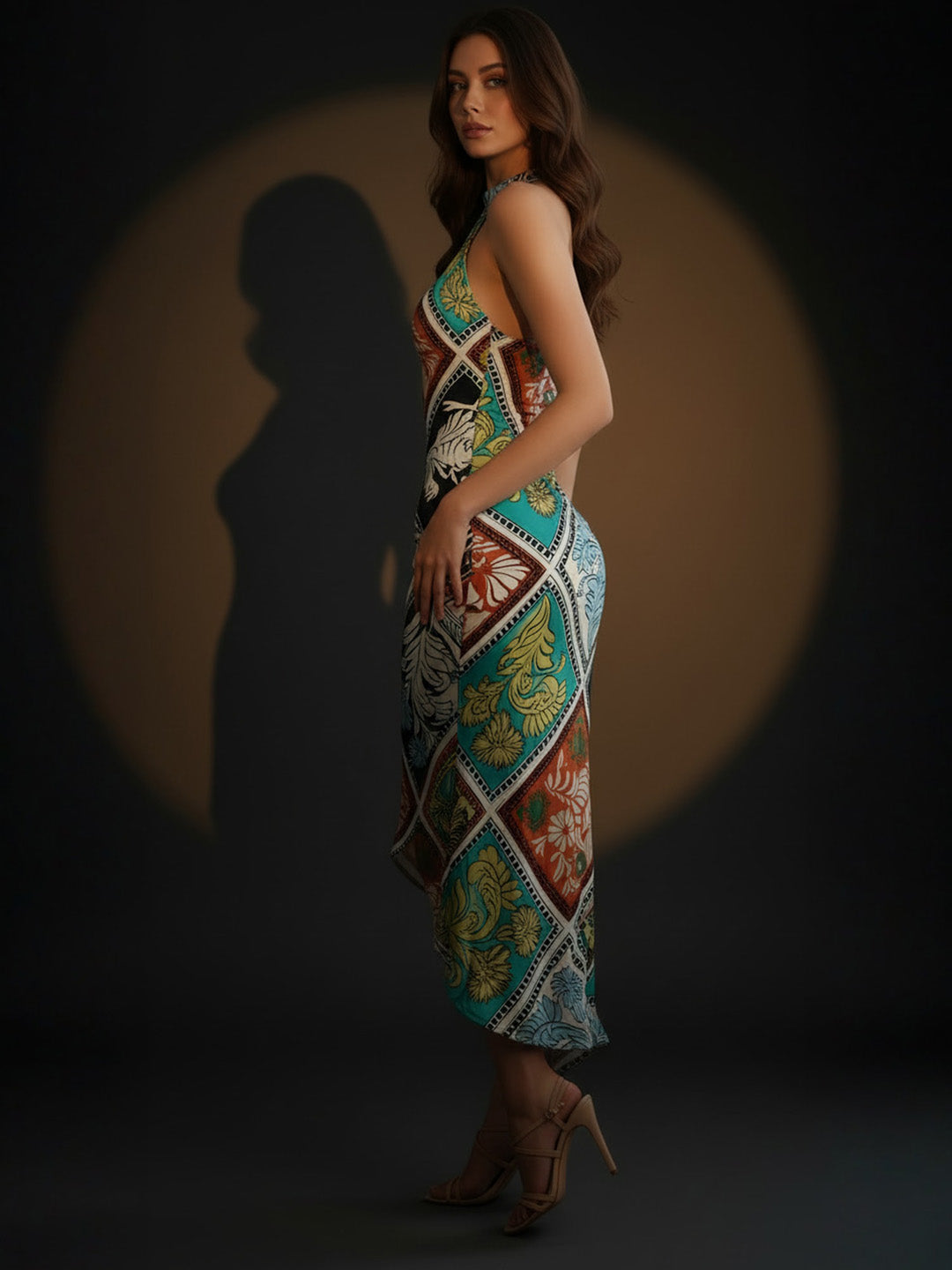 Multi Floral Satin Halter Neck Midi Dress