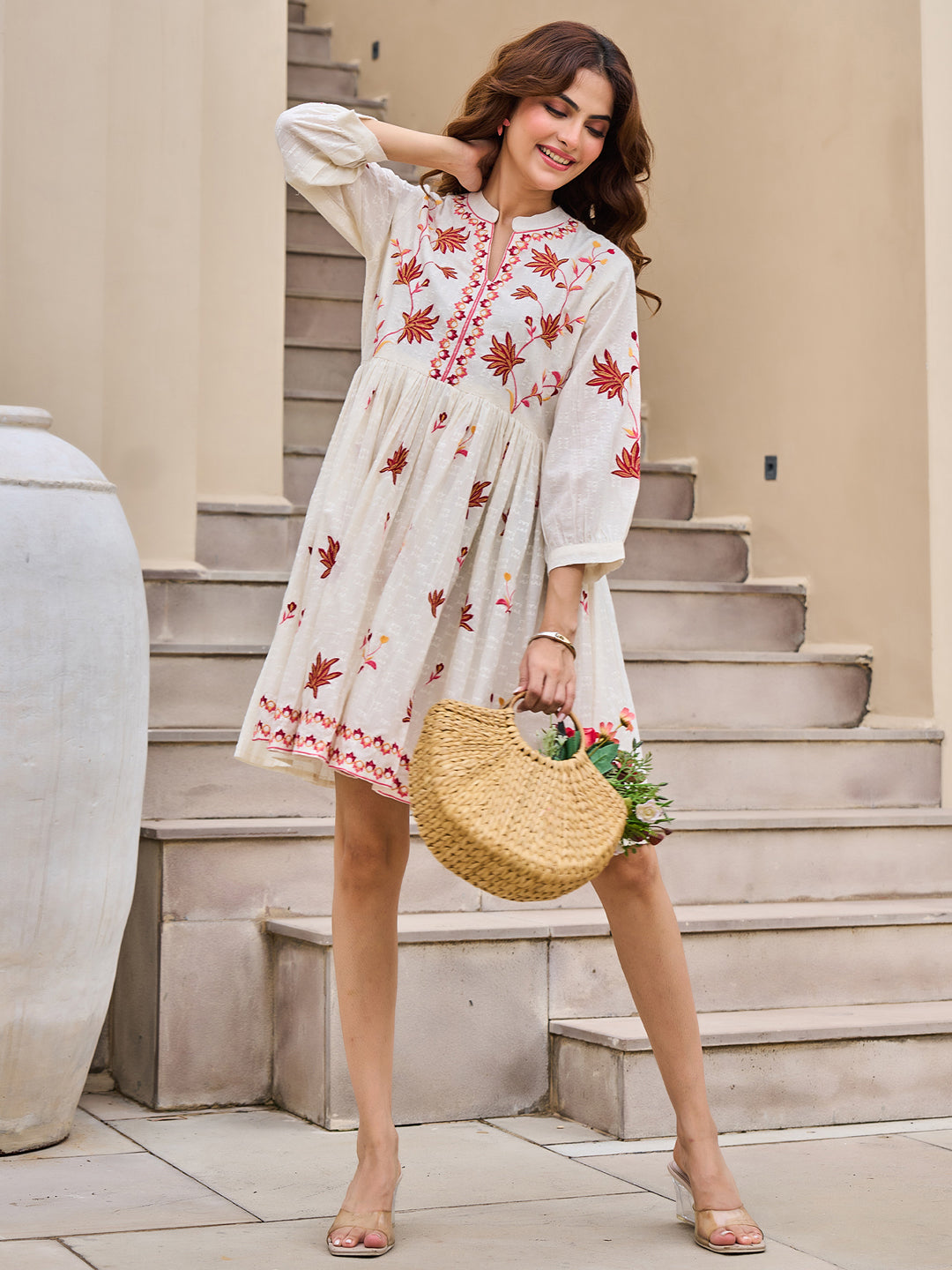 Off white Embroidered Fit And Flare Short Dress