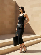 Zummer Black Cotton Solid Bodycon  Dress with No Sleeves