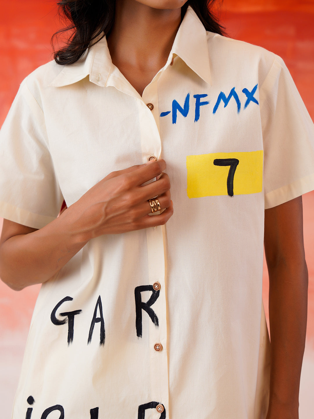 Zummer Hand-Painted Cotton Co-Ord Set with Shirt & Trousers – Off White, Cream & Multi