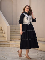 Zummer Women Navy Blue Embroidered Cotton Midi Dress Jacket