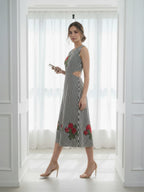 White and Black striped cut - out dress