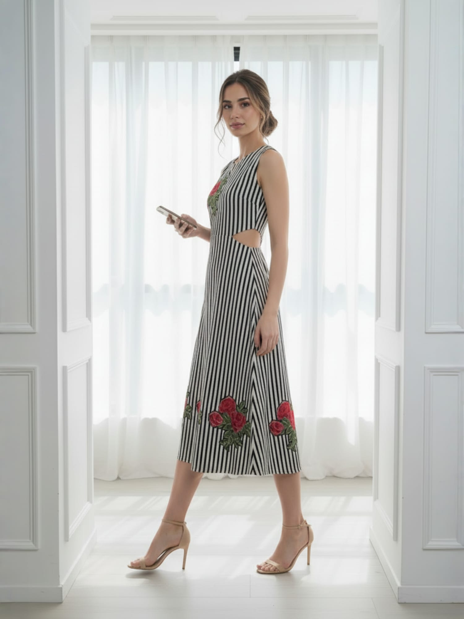 White and Black striped cut - out dress