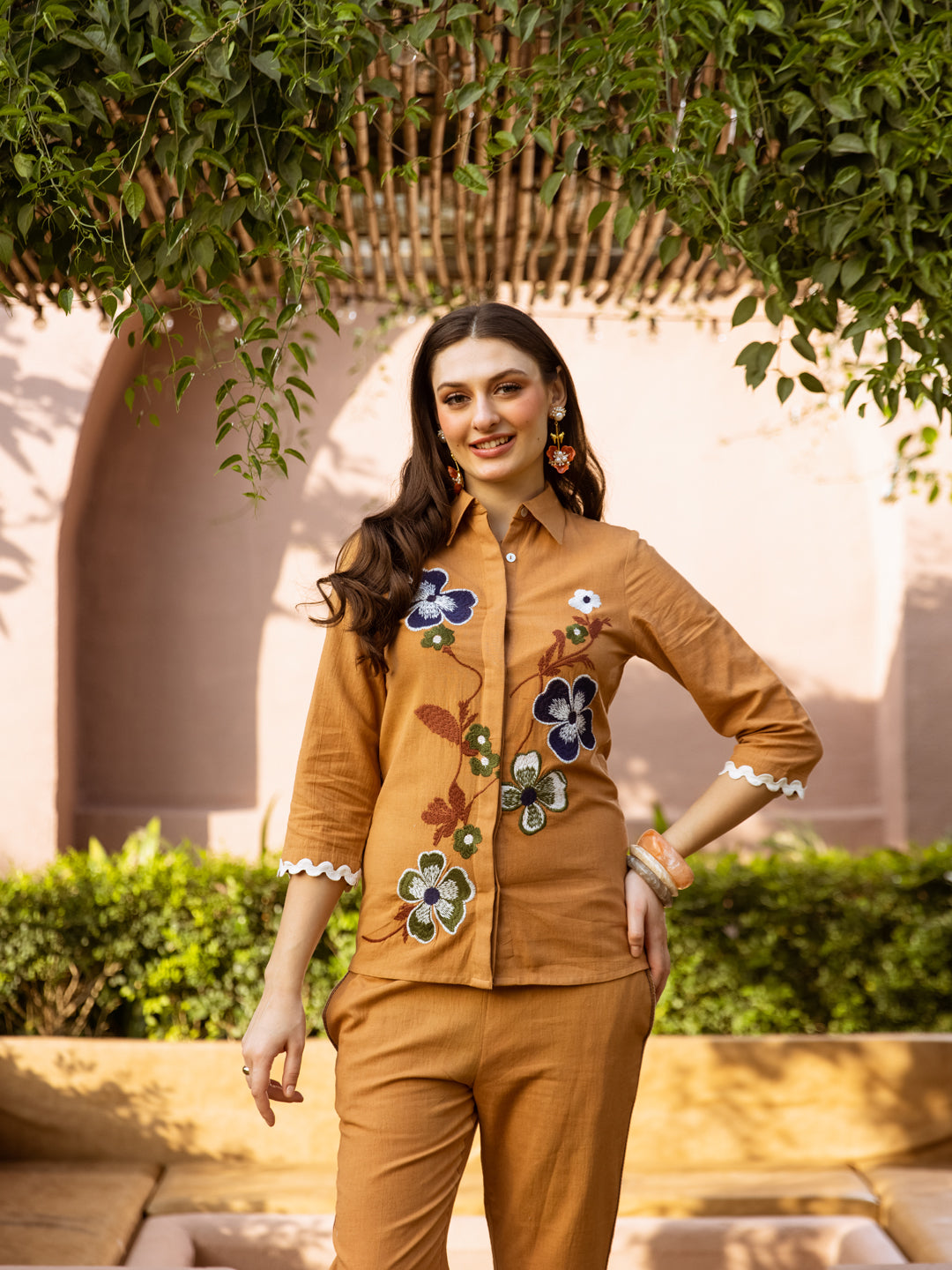 Zummer Embroidered Cotton Co-Ord Set with Shirt & Trousers – Brown, Camel & Navy Blue