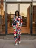 Multi Abstract Satin Shirt With Darted Pants
