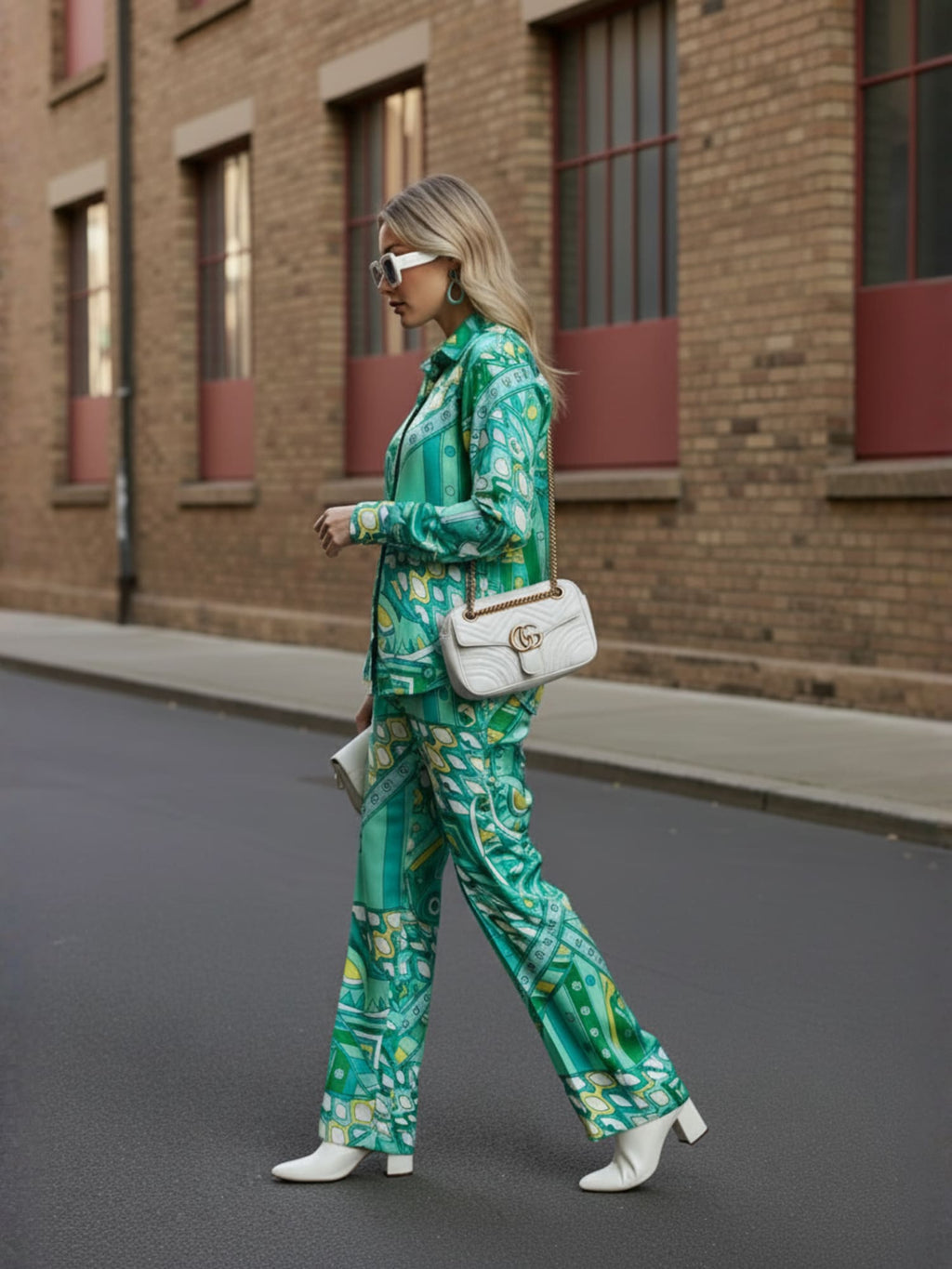 Blue Abstract Satin Shirt With Darted Pants