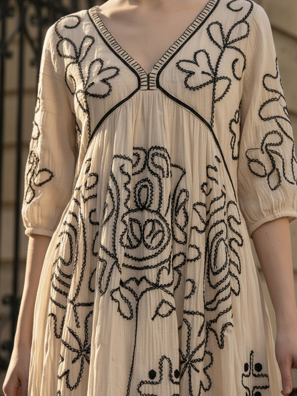 Zummer Off-White Embroidered Puff Sleeve Cotton Short Dress
