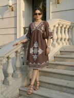 Zummer Brown Floral Embroidered Midi Dress