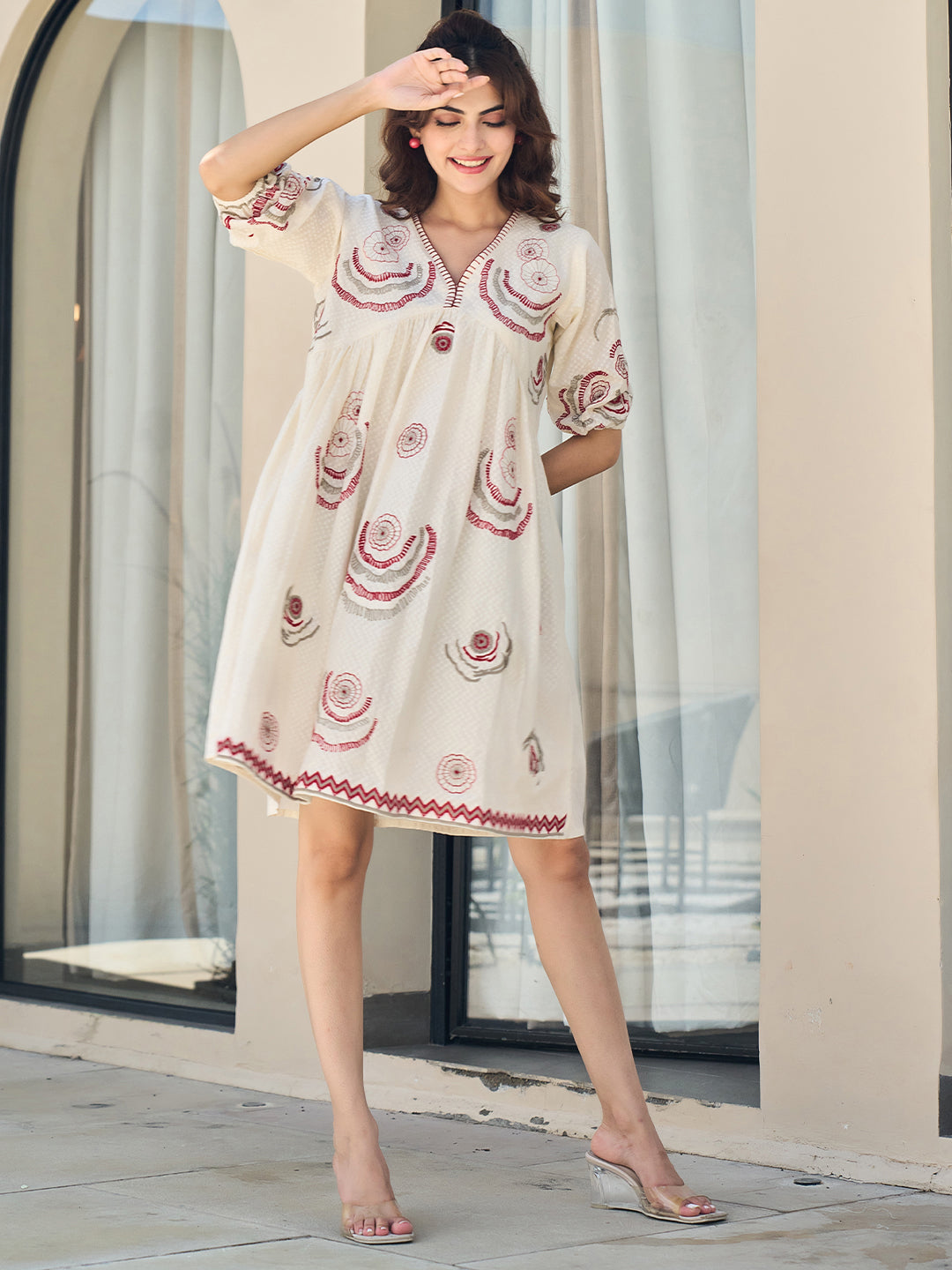 Cotton Embroidered  Puff Sleeve Short Dress