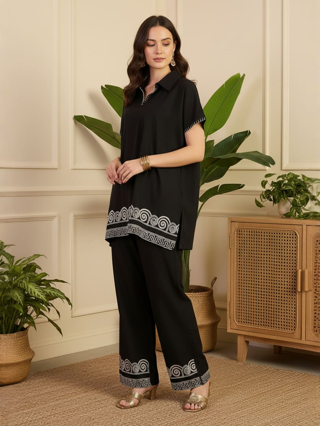 Black Printed Tunic & Palazzo Co-Ord Set