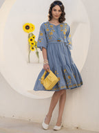 Cotton Floral Embroidered Fit And Flare Dress