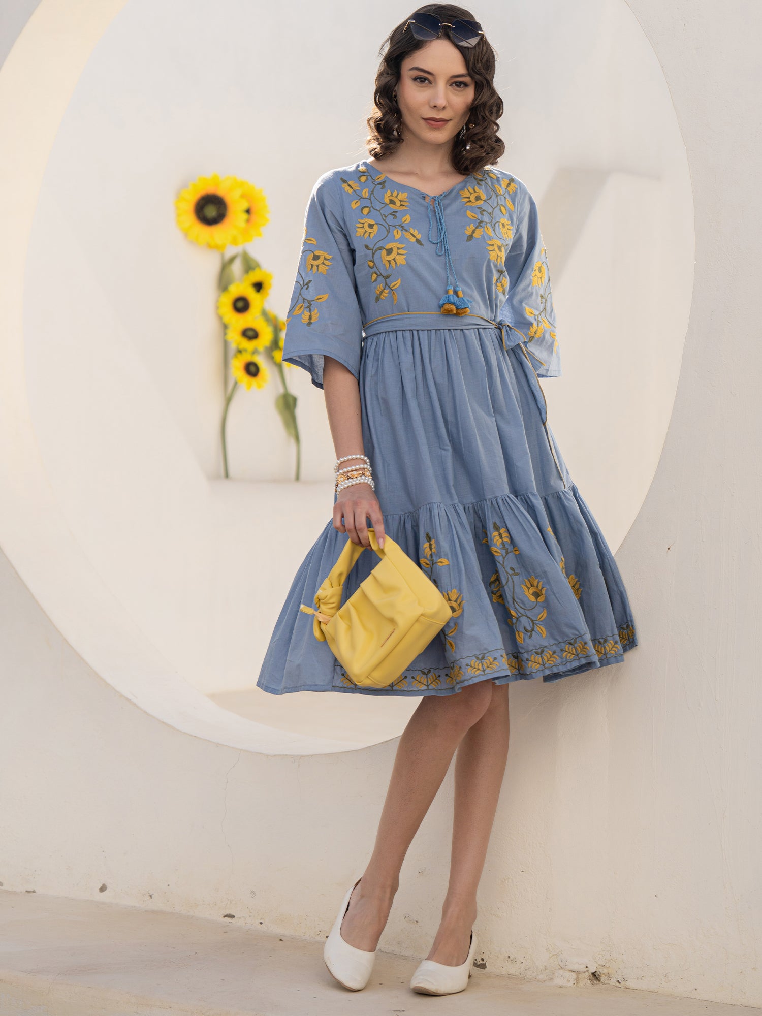 Cotton Floral Embroidered Fit And Flare Dress