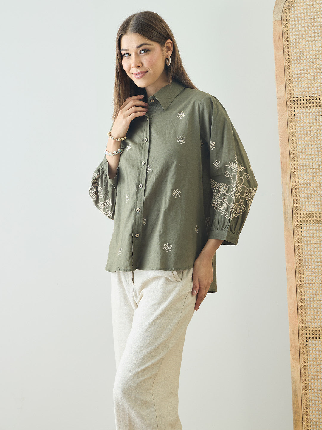Cotton Olive Floral Embroidered Shirt