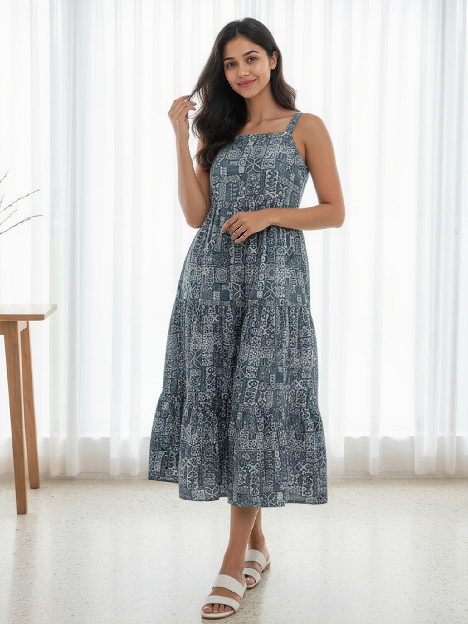 Cotton Printed Fit And Flare Midi Dress with Embroidered Jacket